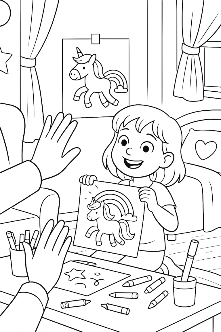 Child holding a colored unicorn drawing with crayons