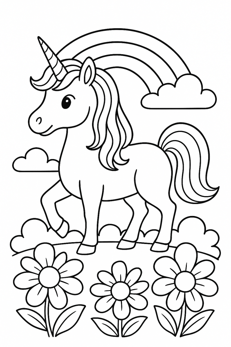 Unicorn coloring page with rainbow and flowers