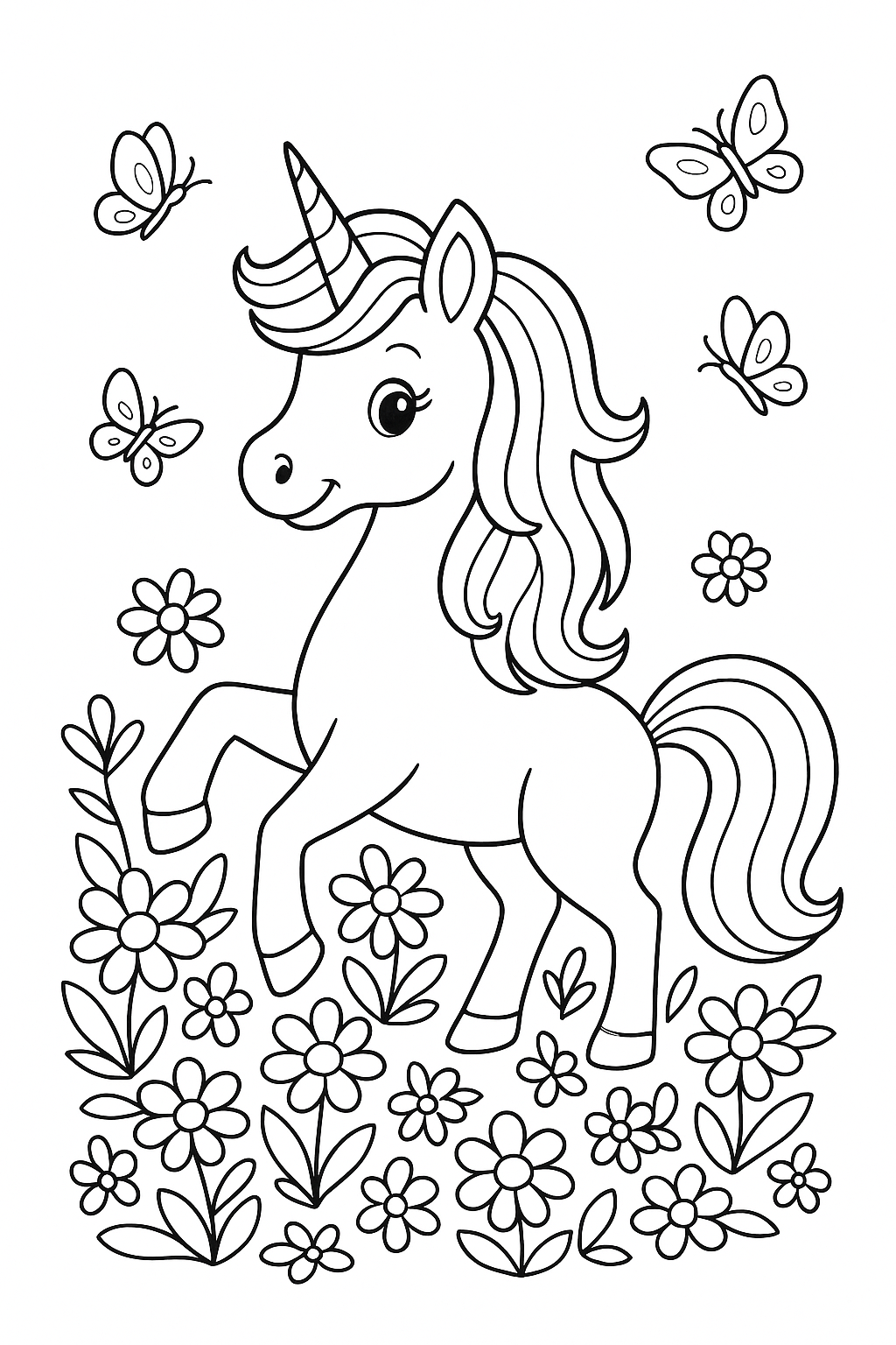 Unicorn coloring page with flowers and butterflies