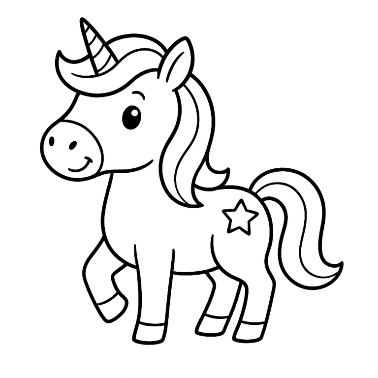 A cute unicorn coloring page with a star on its side.