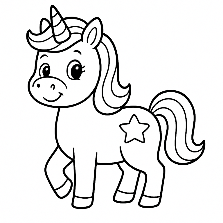 Smiling unicorn coloring page with a star