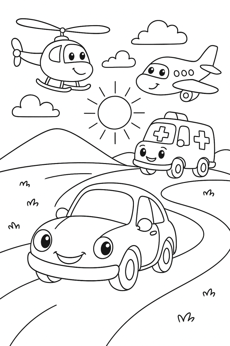 Coloring page with car, ambulance, helicopter, and plane
