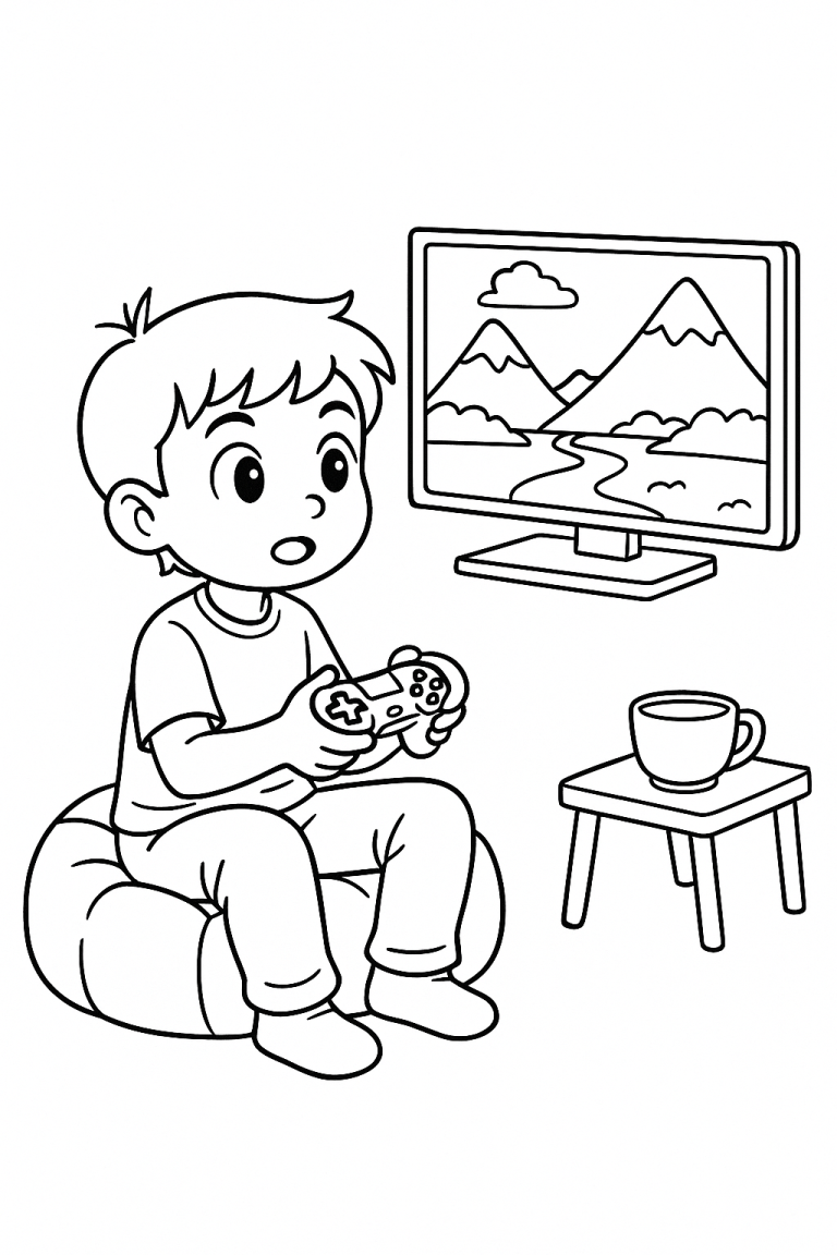 Child playing video game on a beanbag coloring page