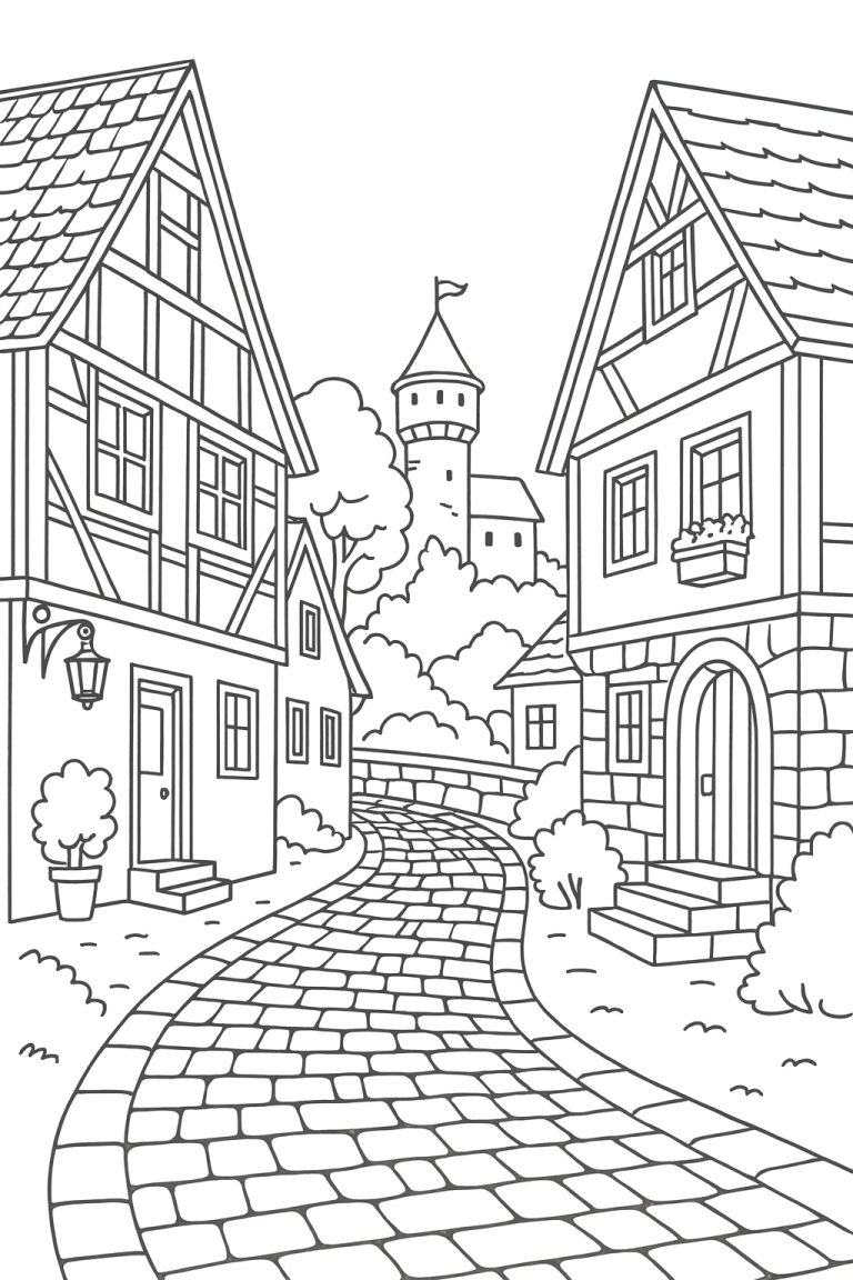Black and white village street with cottages