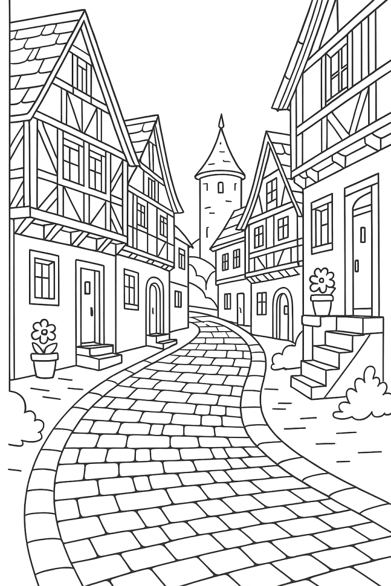 Coloring page of a quaint village street scene