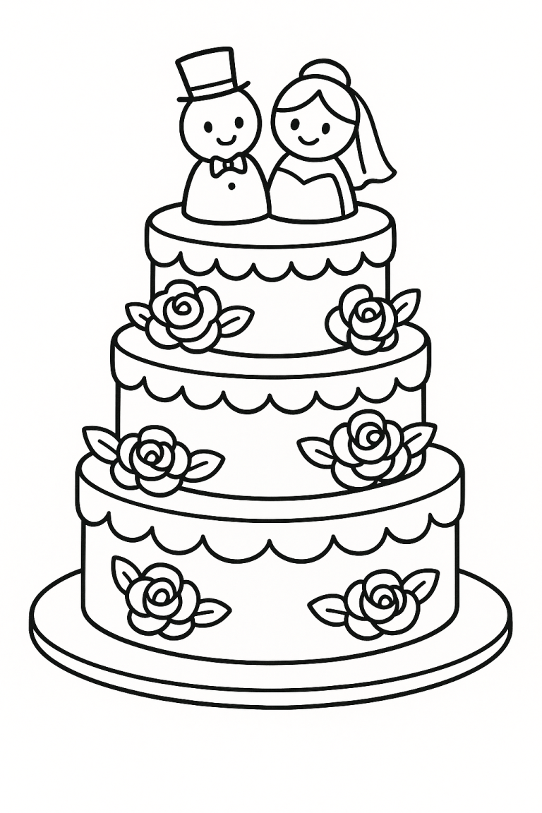 Wedding cake coloring page with bride and groom