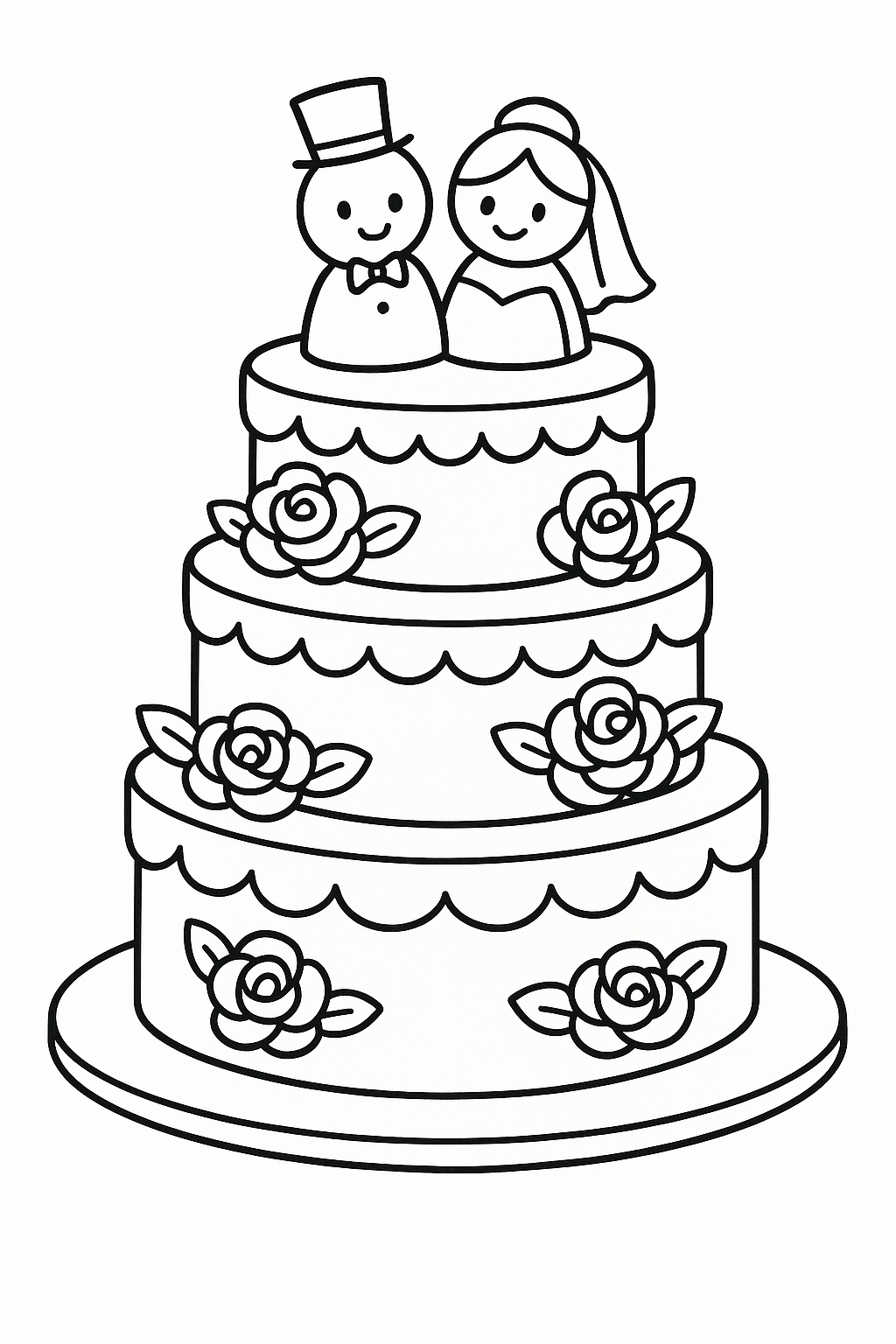 Wedding cake coloring page with bride and groom