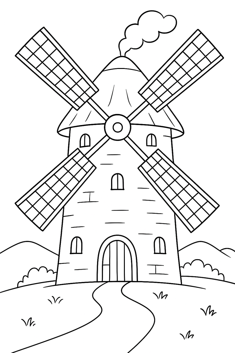 Coloring page featuring a windmill on a hill