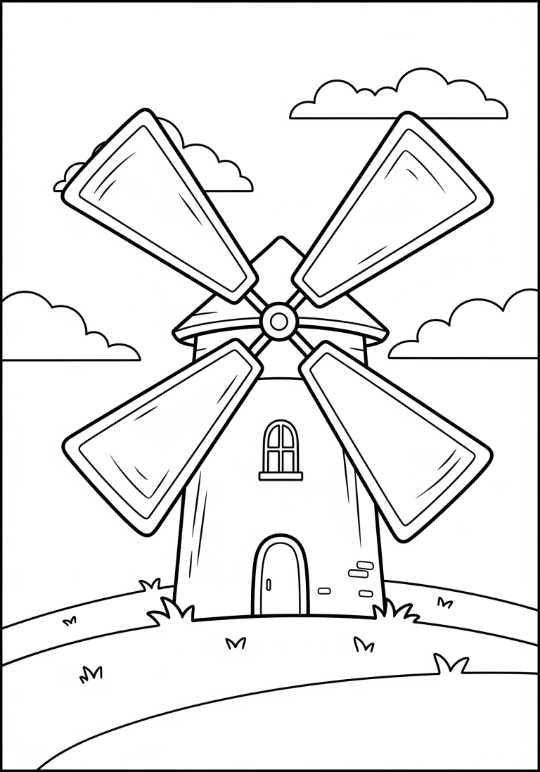 Windmill coloring page with a scenic backdrop