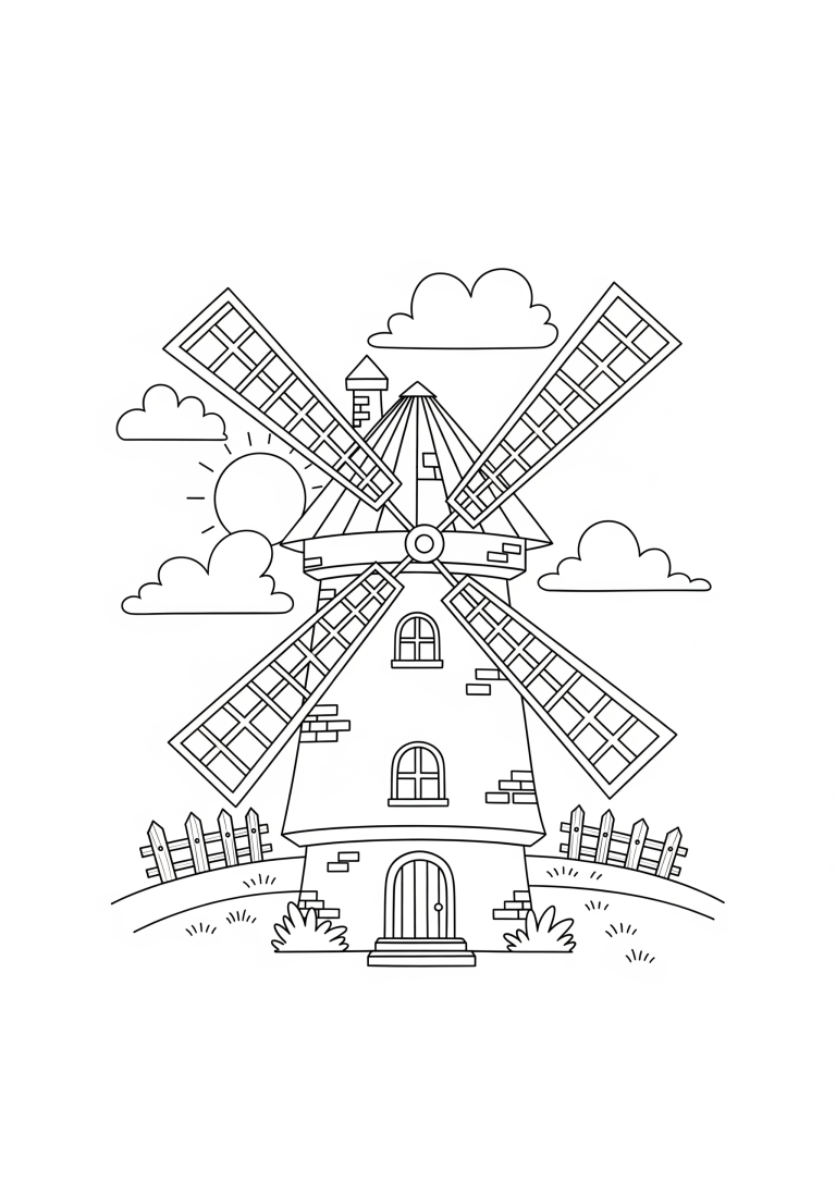 Children's windmill coloring page with a charming landscape
