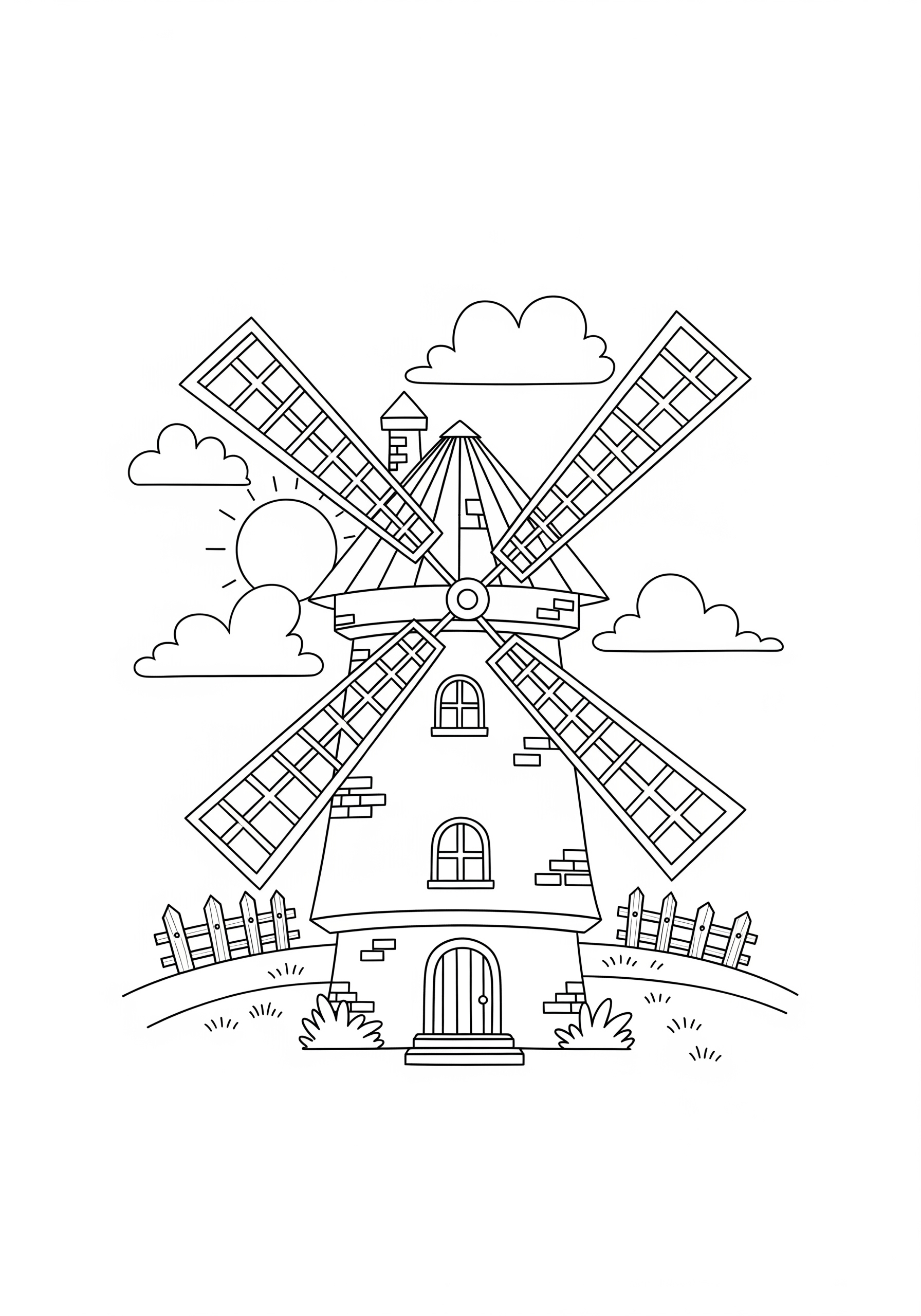 Children's windmill coloring page with a charming landscape