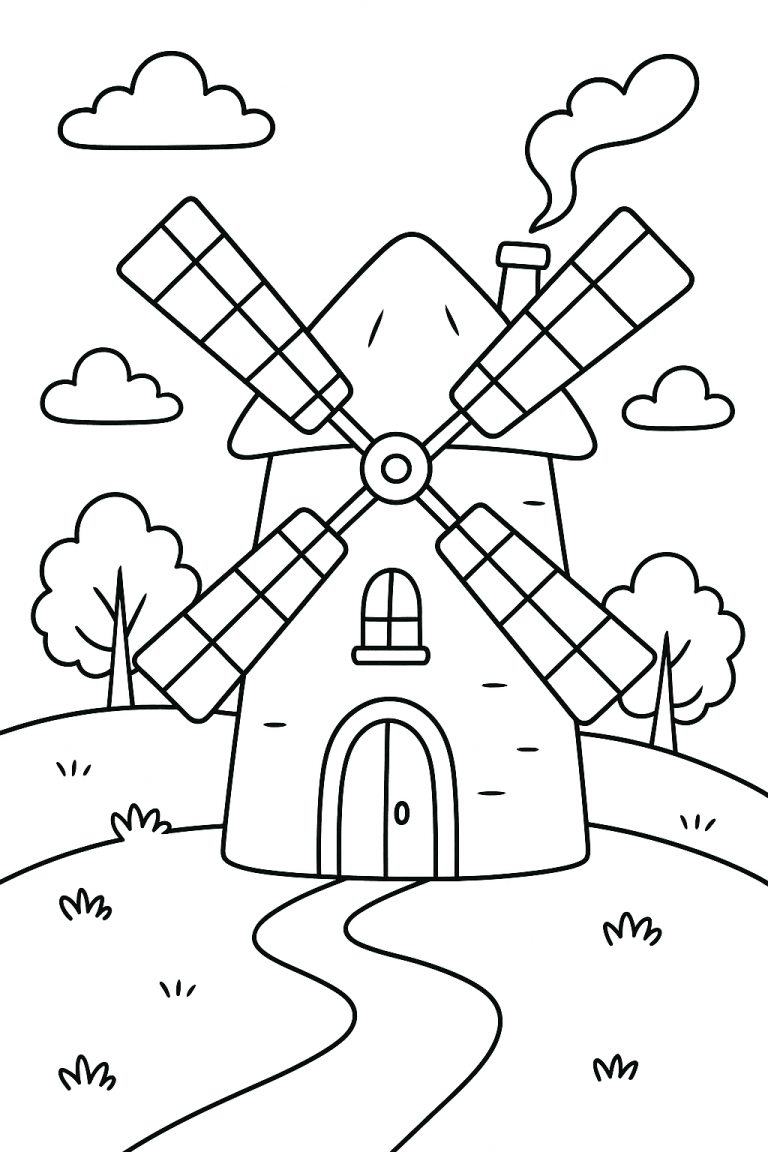 Windmill coloring page with landscape background