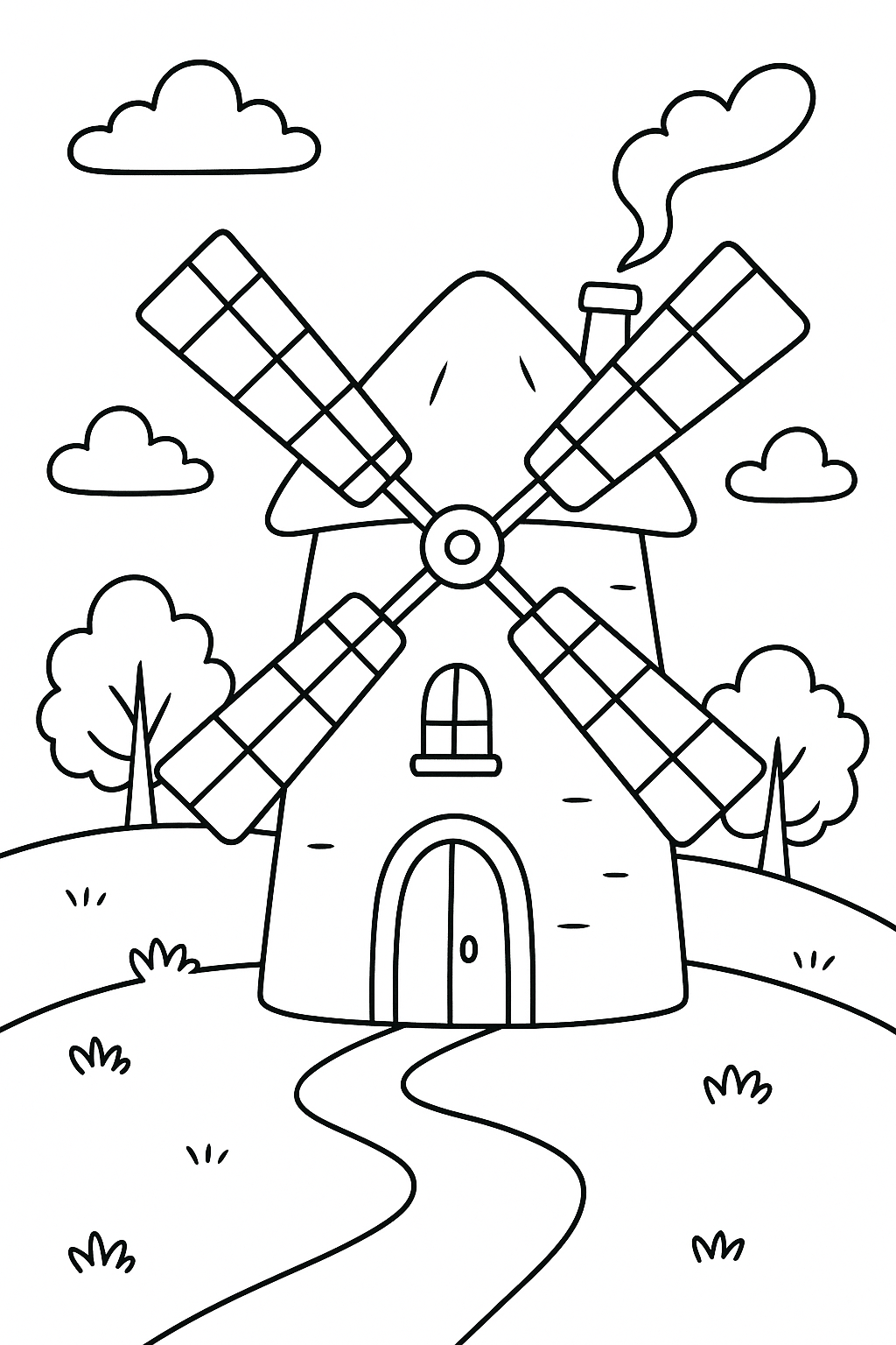 Windmill coloring page with landscape background