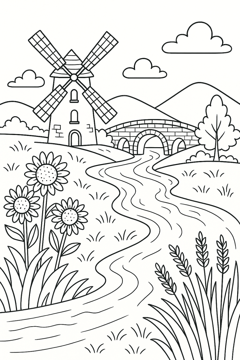 Children's coloring page with a windmill, river, and sunflowers