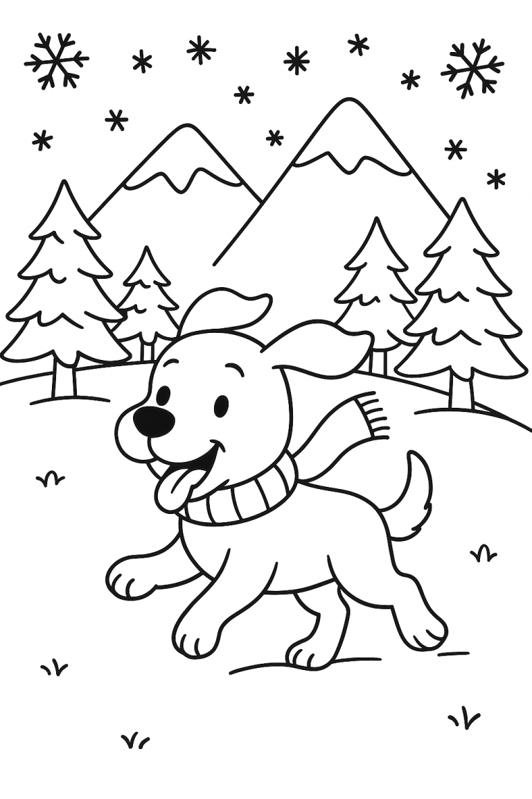 Cute dog in a winter setting with snowflakes and trees.
