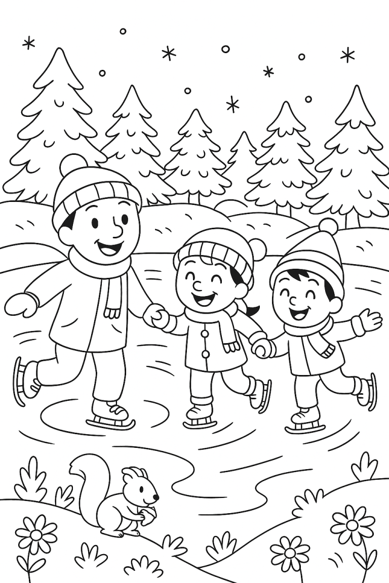 Children ice skating in winter scene with trees
