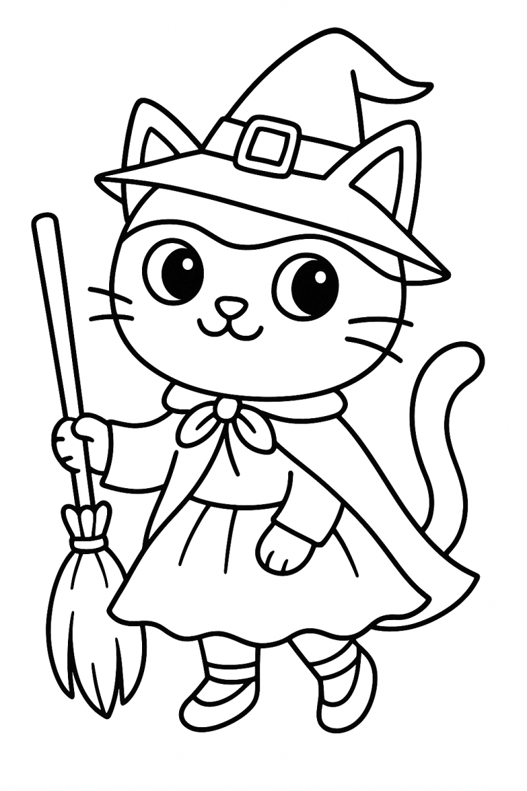 Witch cat coloring page featuring a cute cat with a broom and a witch hat.