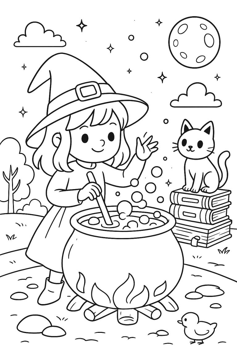 Young witch stirring cauldron with cat and moon