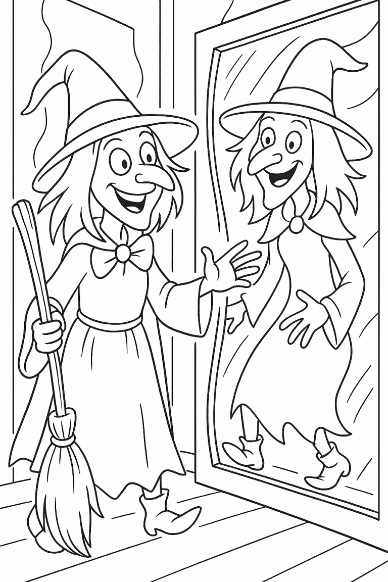 A witch looking at her reflection in the mirror