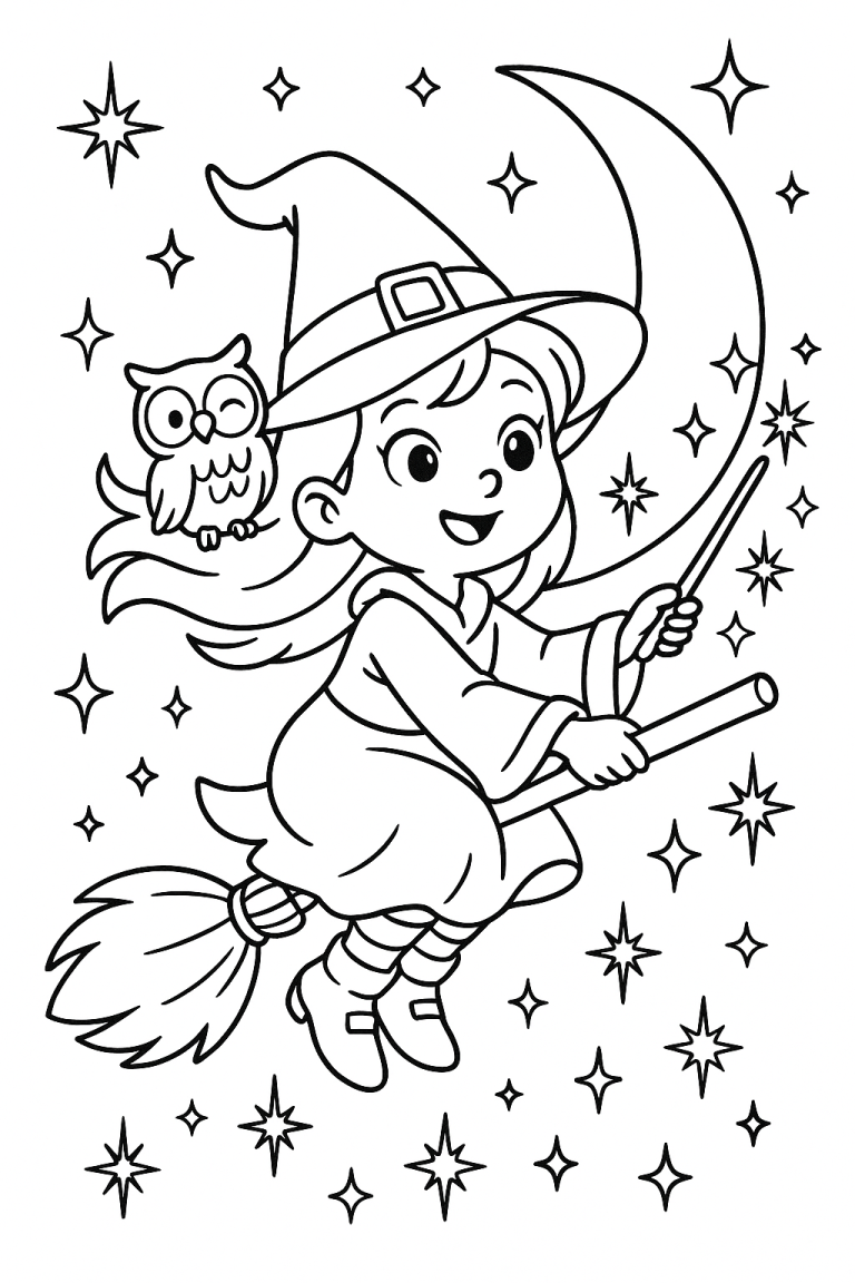 Witch on broomstick with owl and stars