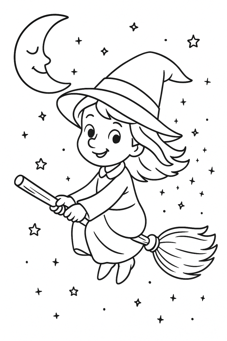 Cute witch flying on a broomstick in coloring page