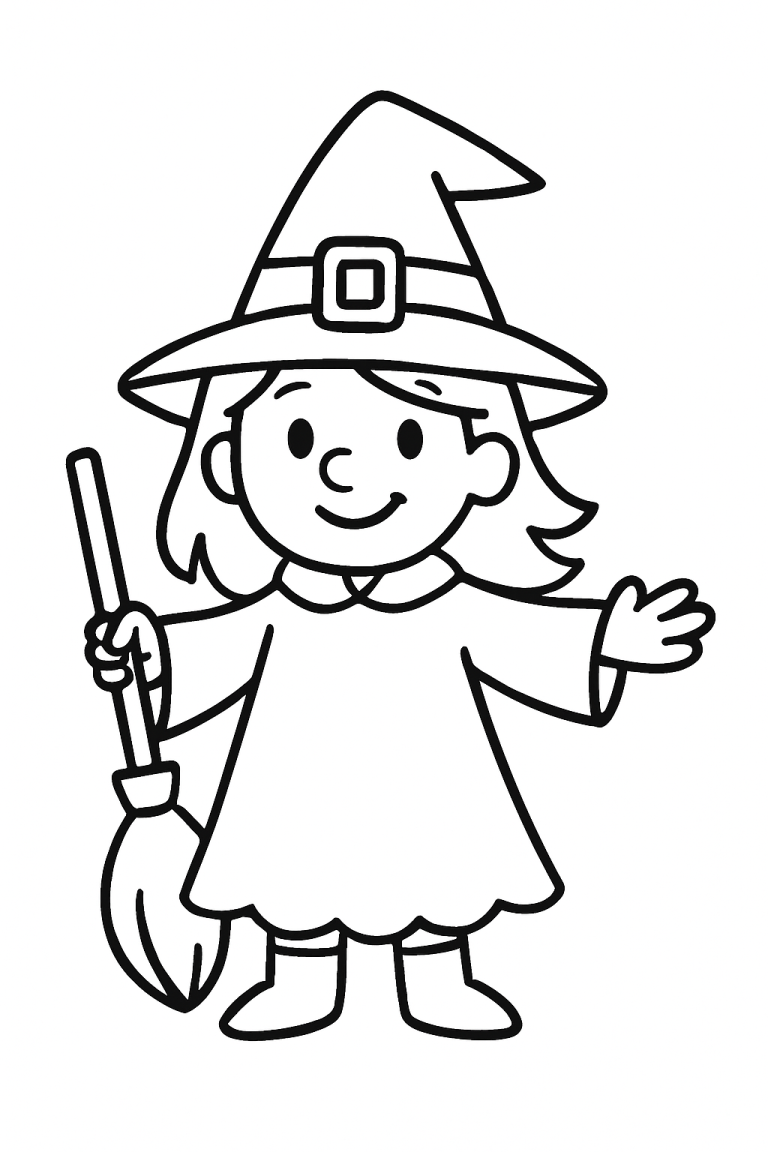 Cute witch holding a broom for coloring