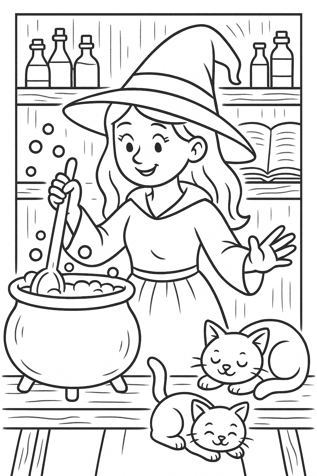 Young witch stirring a cauldron with two cats