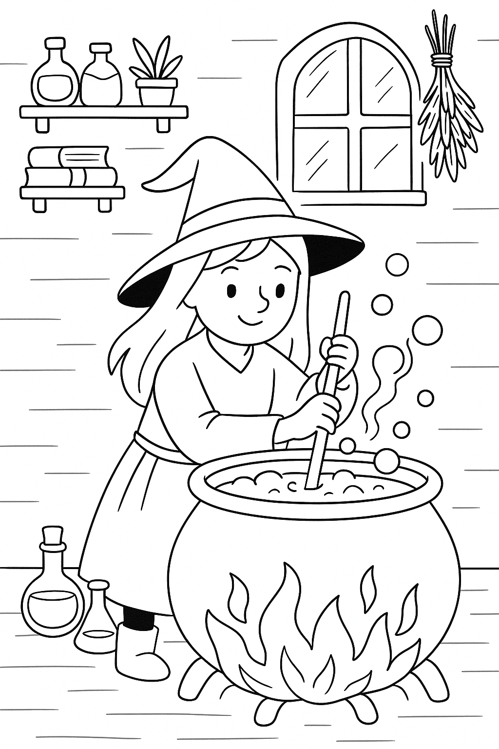 Young witch with cauldron coloring page