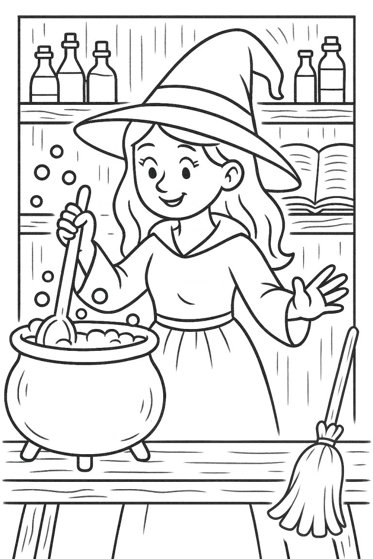 Young witch stirring a cauldron coloring page