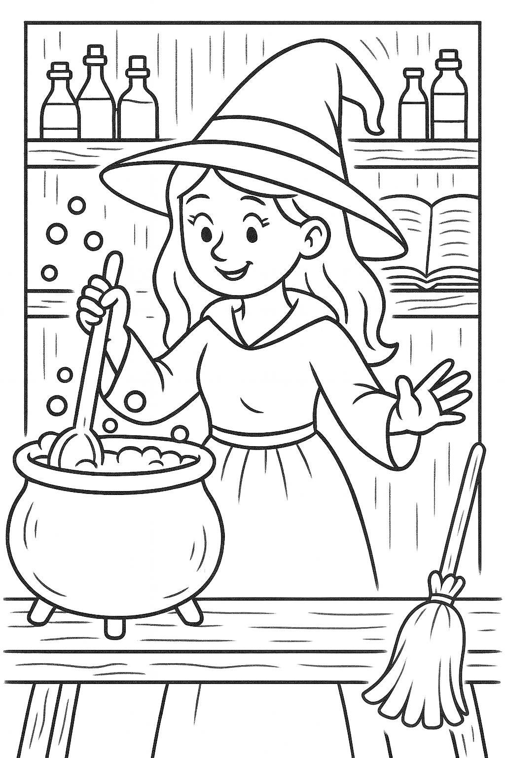 Young witch stirring a cauldron coloring page