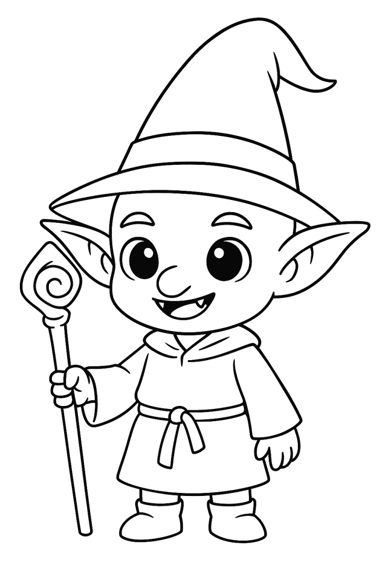 Child's coloring page of a cute wizard character holding a staff.