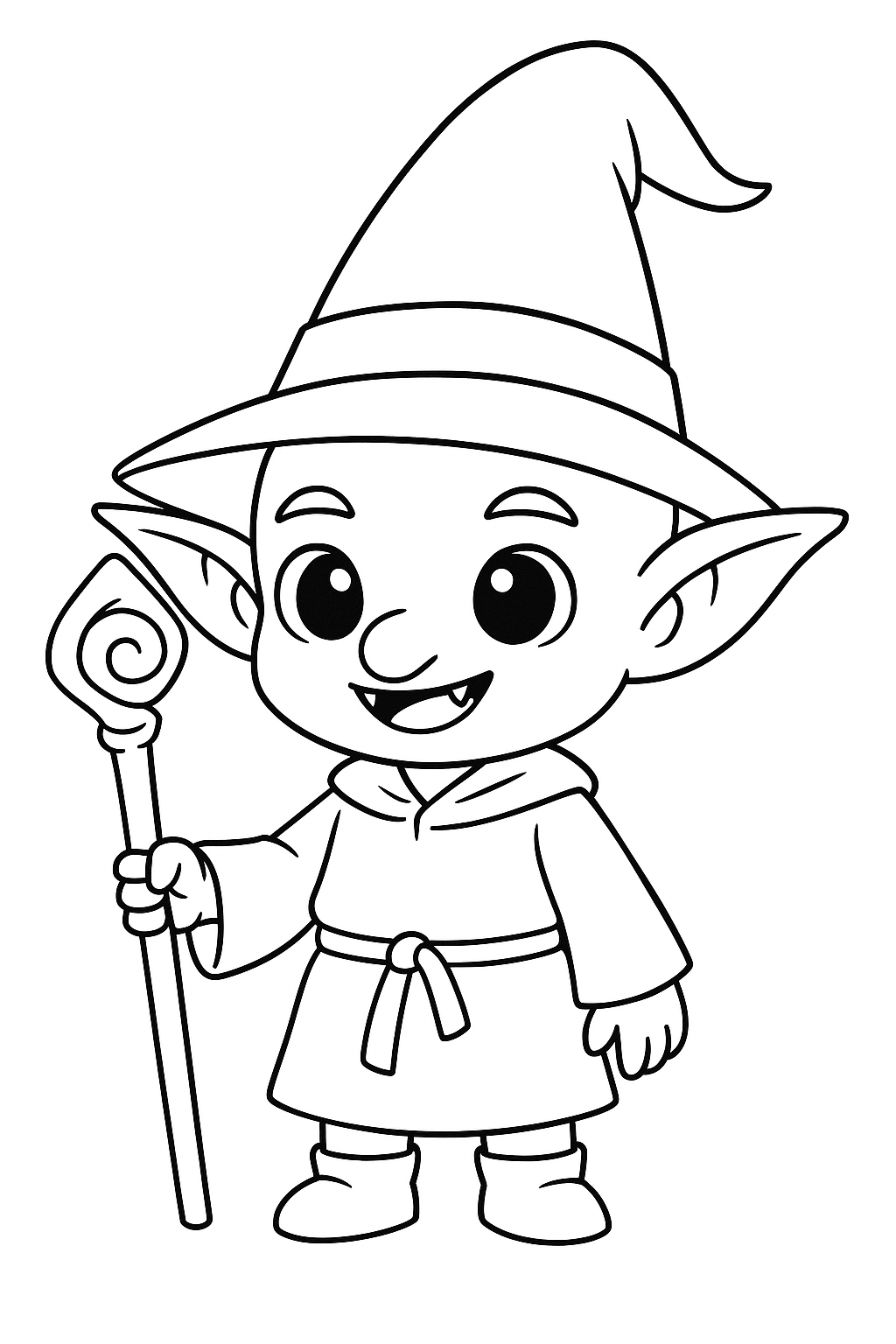 Child's coloring page of a cute wizard character holding a staff.