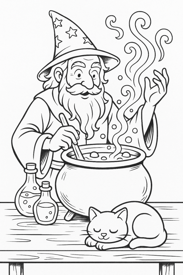 Wizard stirring cauldron with sleeping cat