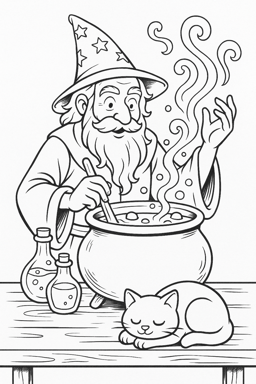 Wizard stirring cauldron with sleeping cat
