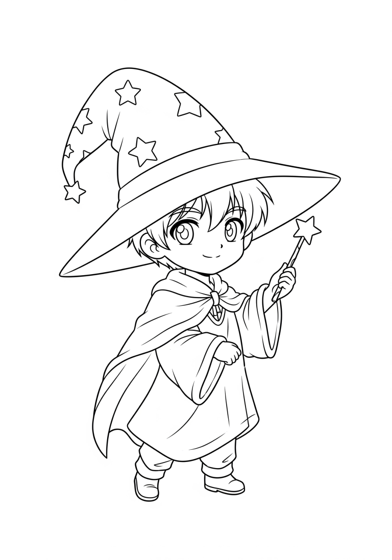 Young wizard with a magic wand coloring page