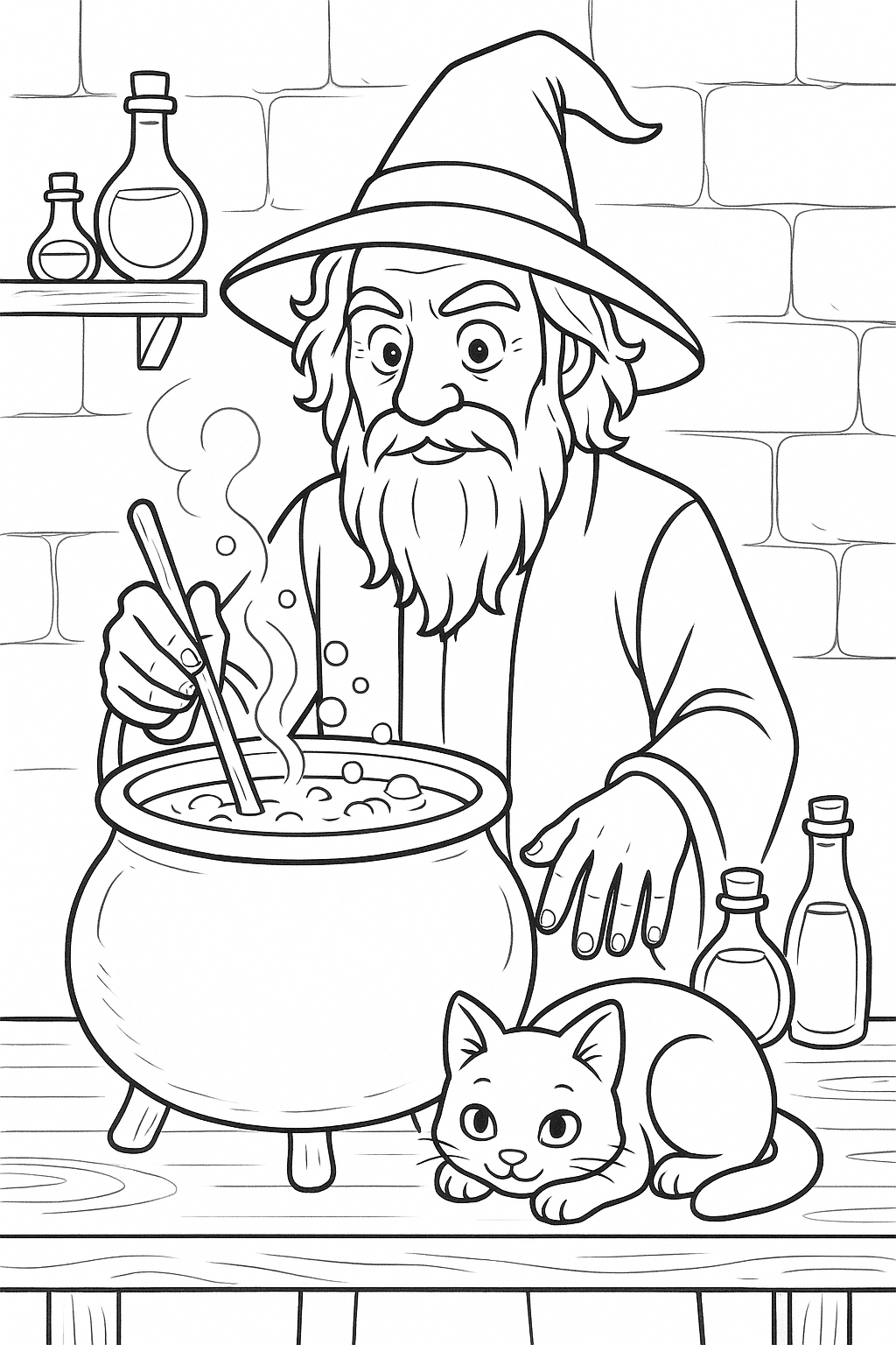 Wizard stirring a cauldron with cat and potion bottles.