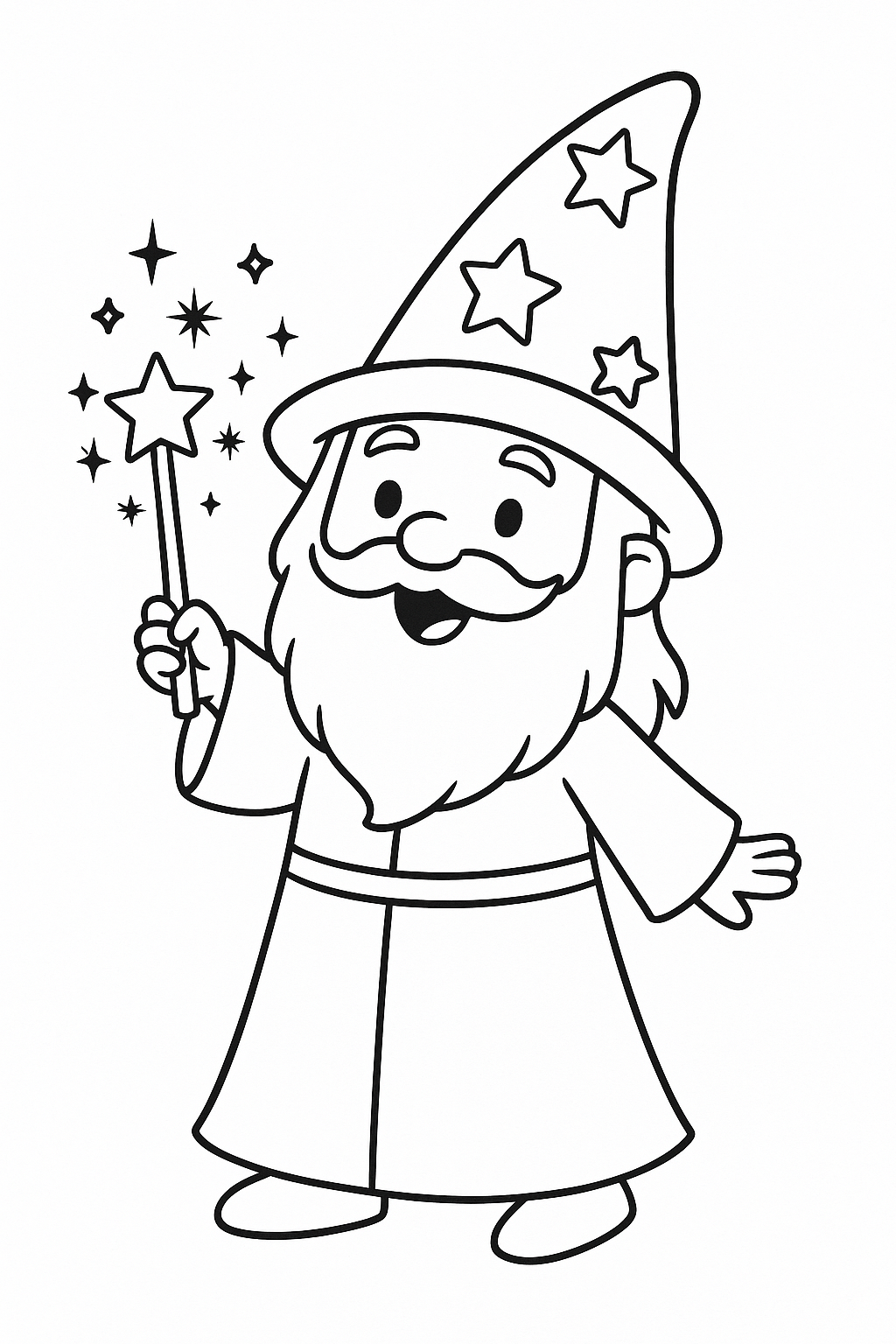 Wizard holding a magic wand and smiling