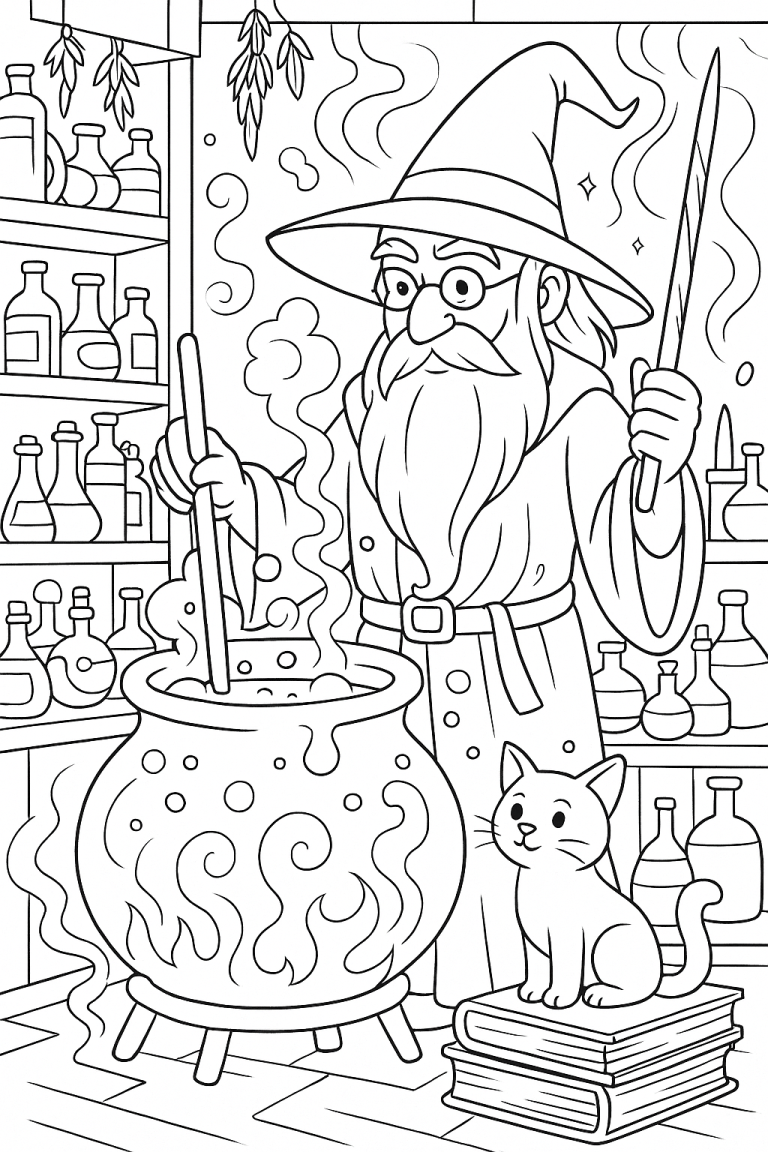 Wizard stirring cauldron with cat in potion room