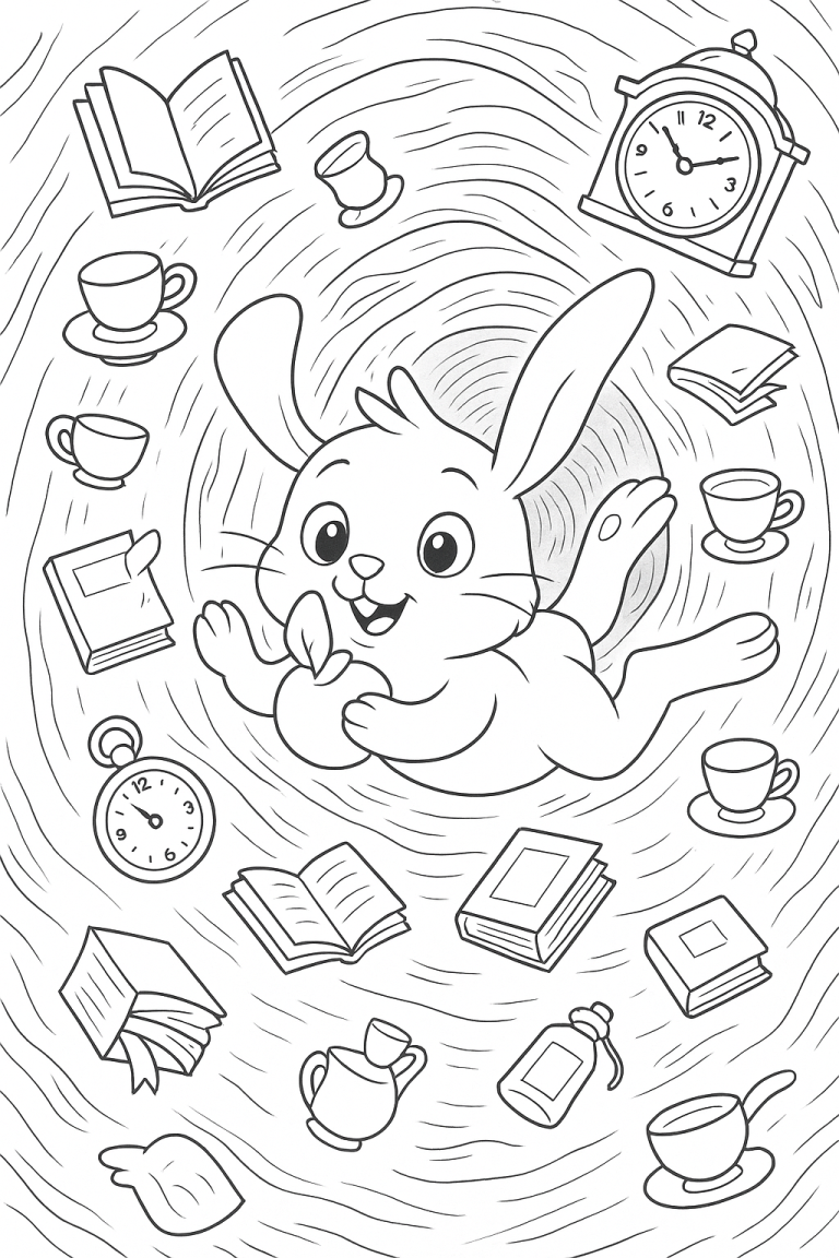 Coloring page with a rabbit surrounded by books and tea cups in a wonderland theme.