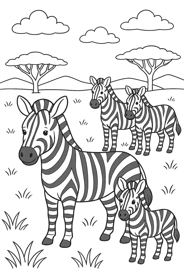 Zebra coloring page featuring zebras in a savanna landscape