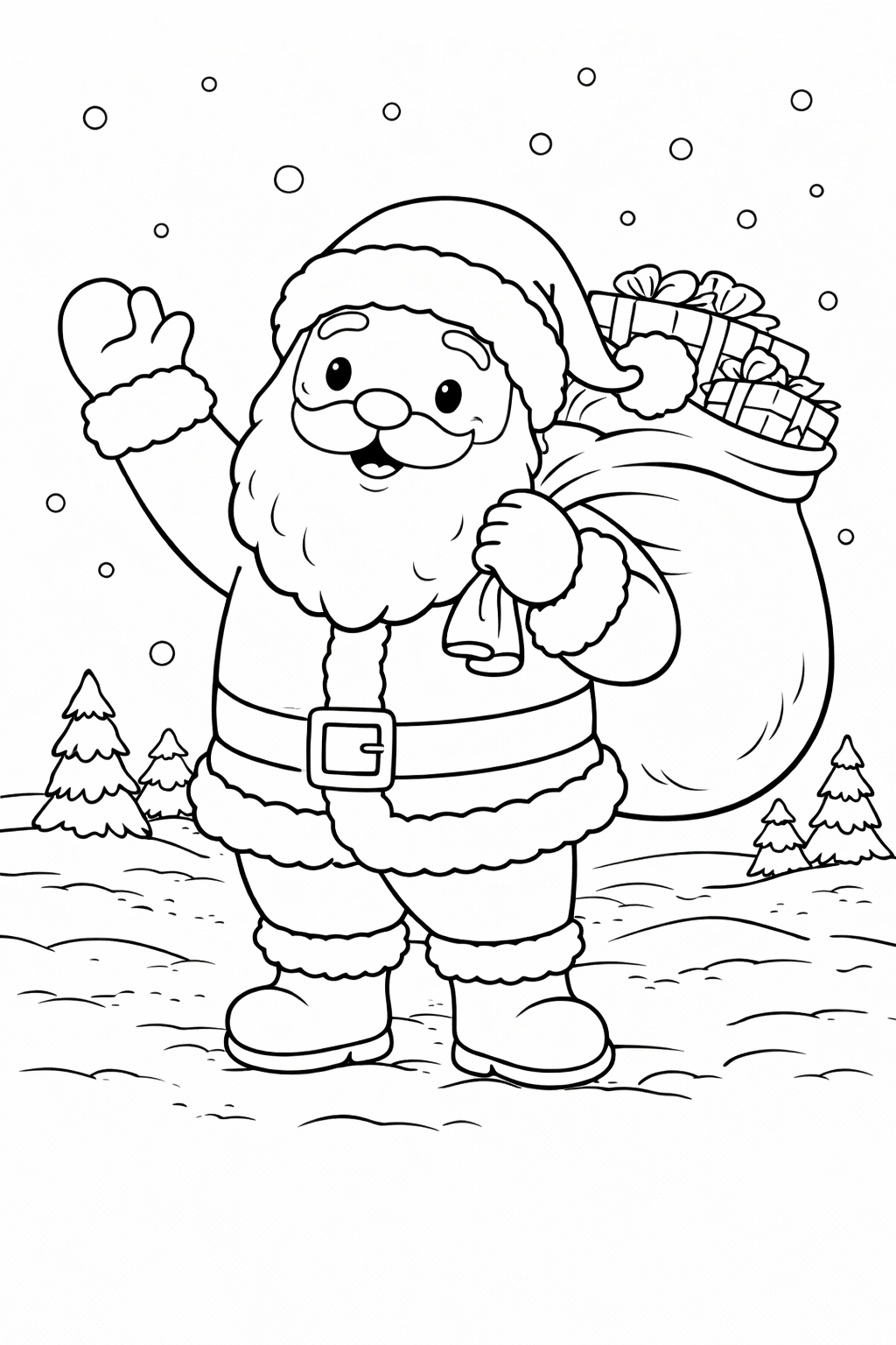 Santa Claus waving with a bag of gifts in snow