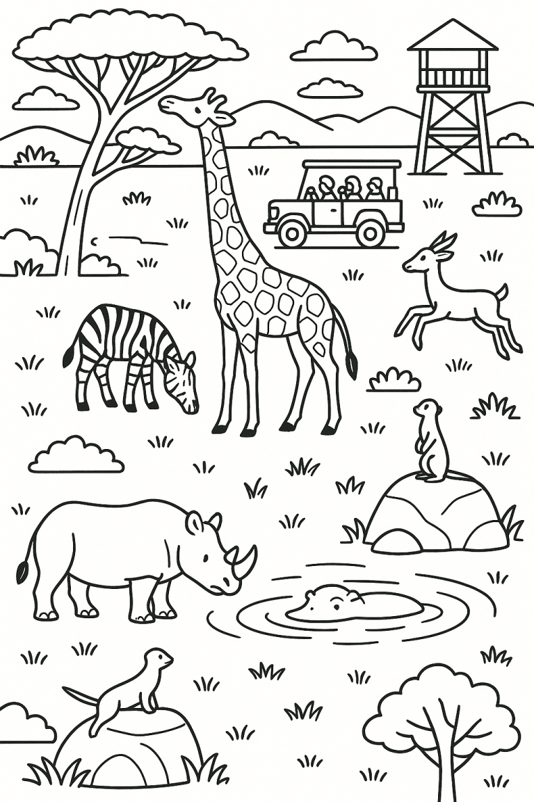 Children's coloring page featuring African safari animals like giraffes, zebras, and rhinos with a safari jeep in the background.