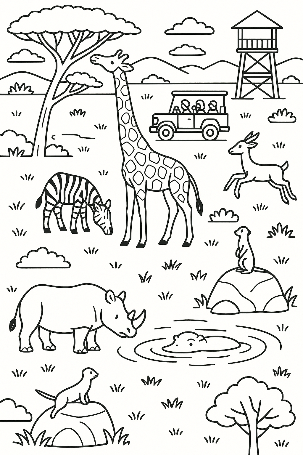 Children's coloring page featuring African safari animals like giraffes, zebras, and rhinos with a safari jeep in the background.