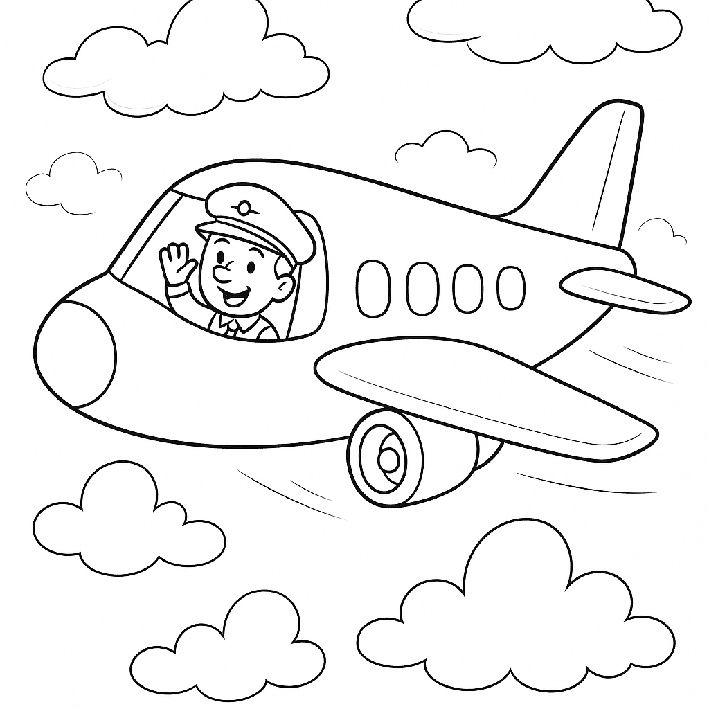 Airplane coloring page with a happy pilot