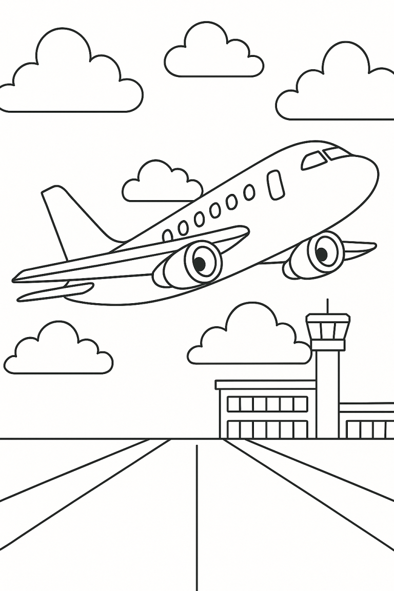 A coloring page with an airplane taking off
