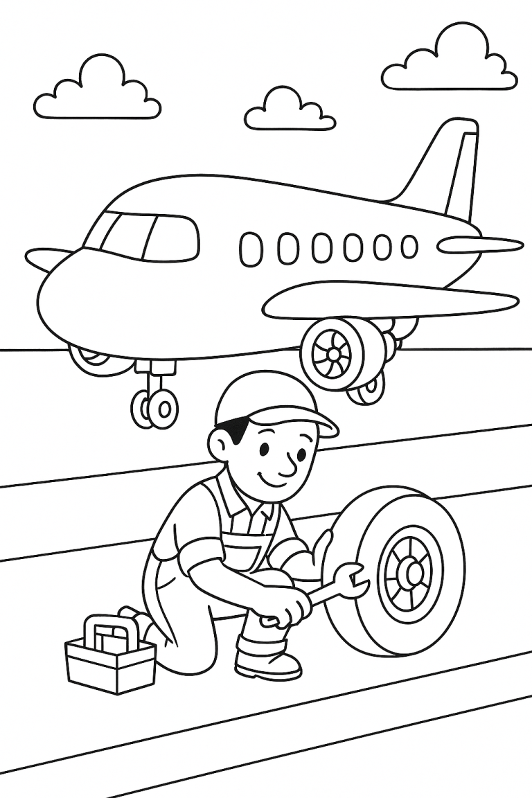 Airplane with mechanic working on a tire in coloring page
