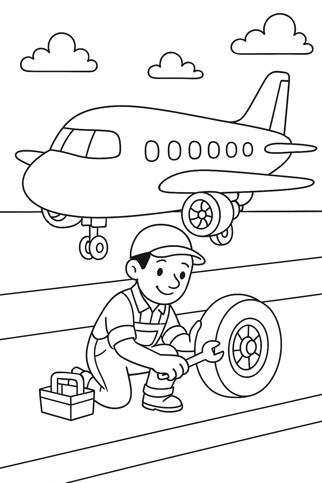 Airplane with mechanic working on a tire in coloring page