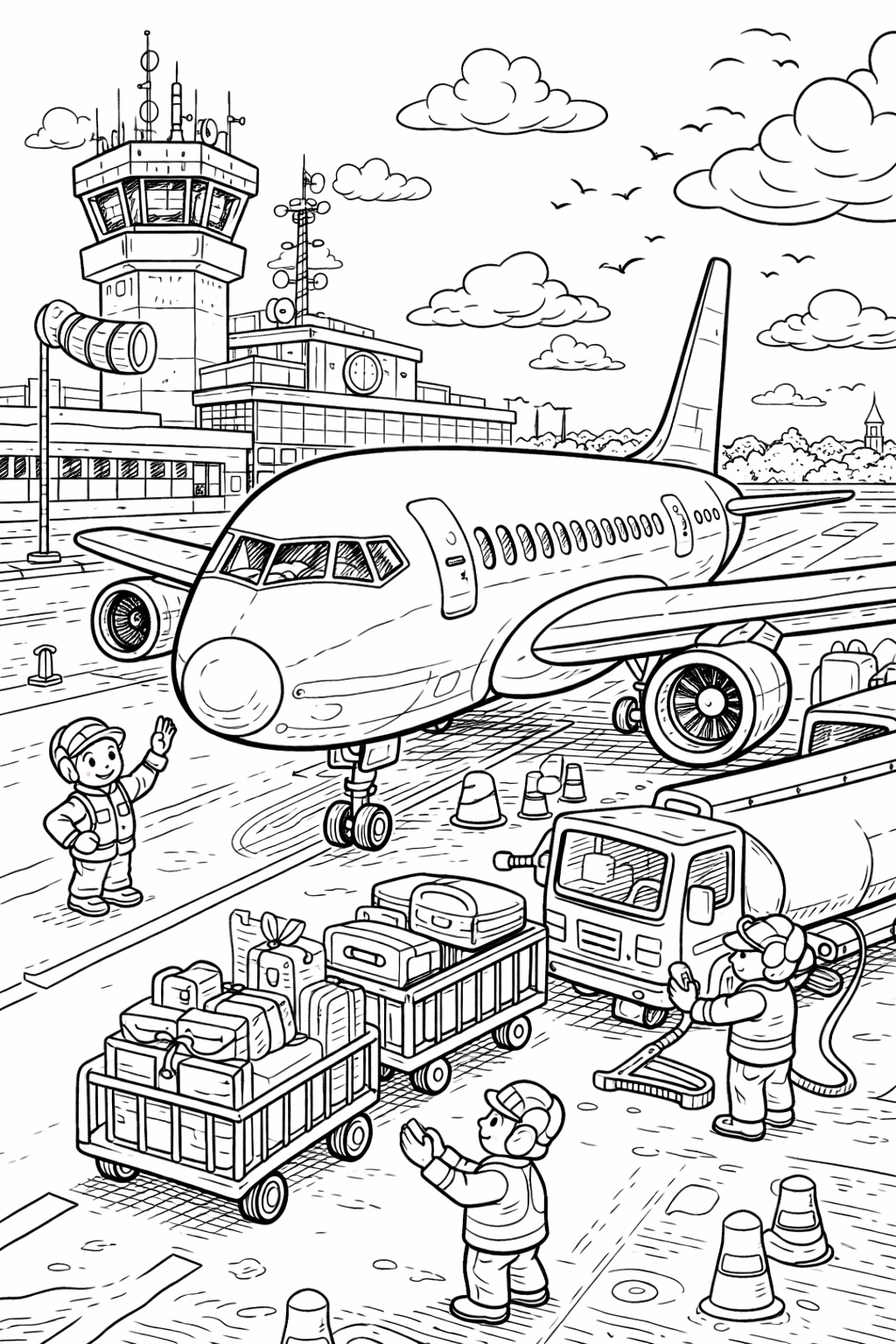 Children's coloring page depicting airport activity with airplanes and workers.