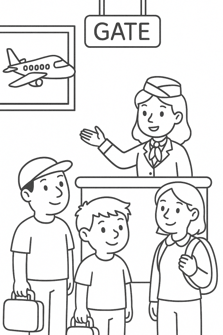 Coloring page with airport scene showing people and a flight attendant.