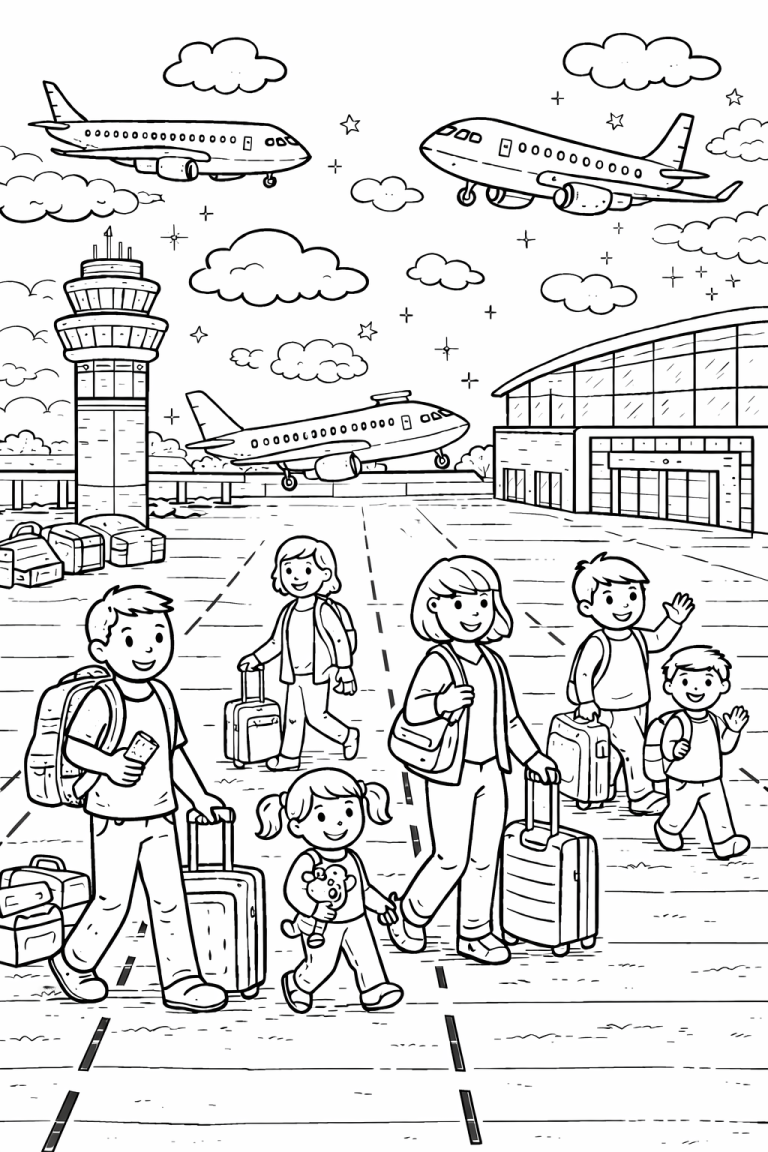 Children and planes at an airport coloring page